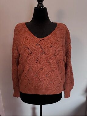 moon & madison Open-Knit V-Neck Sweater in Rust Orange - Size Large